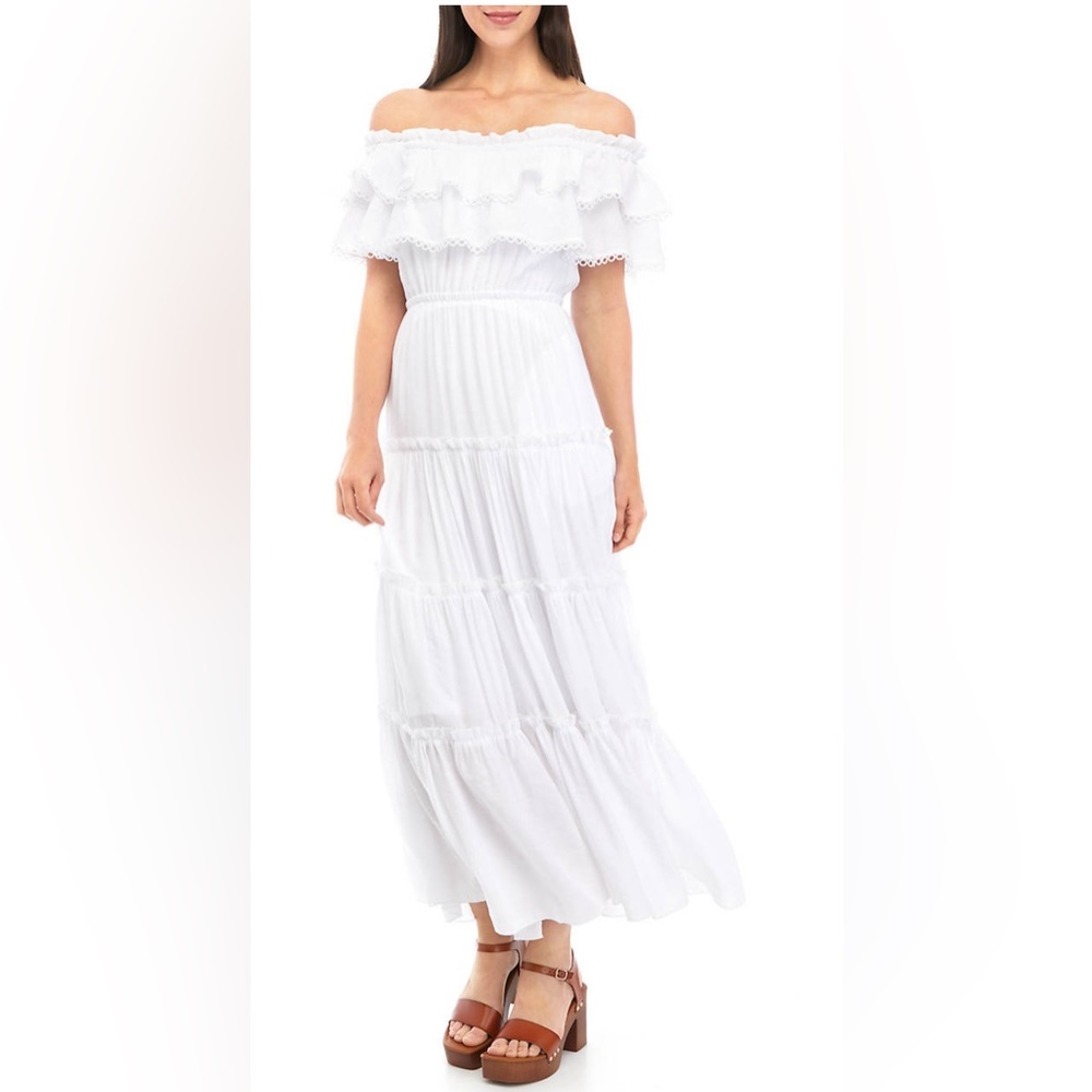 White Off Shoulder Ruffle Tiered Midi Maxi Dress Boho Romantic Size Medium